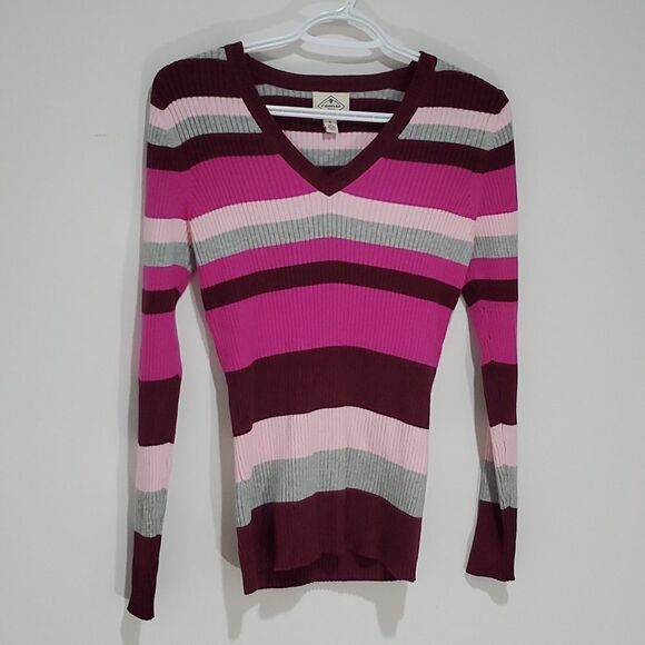 ST John's Bay small red and pink striped vneck sweater - Picture 1 of 6